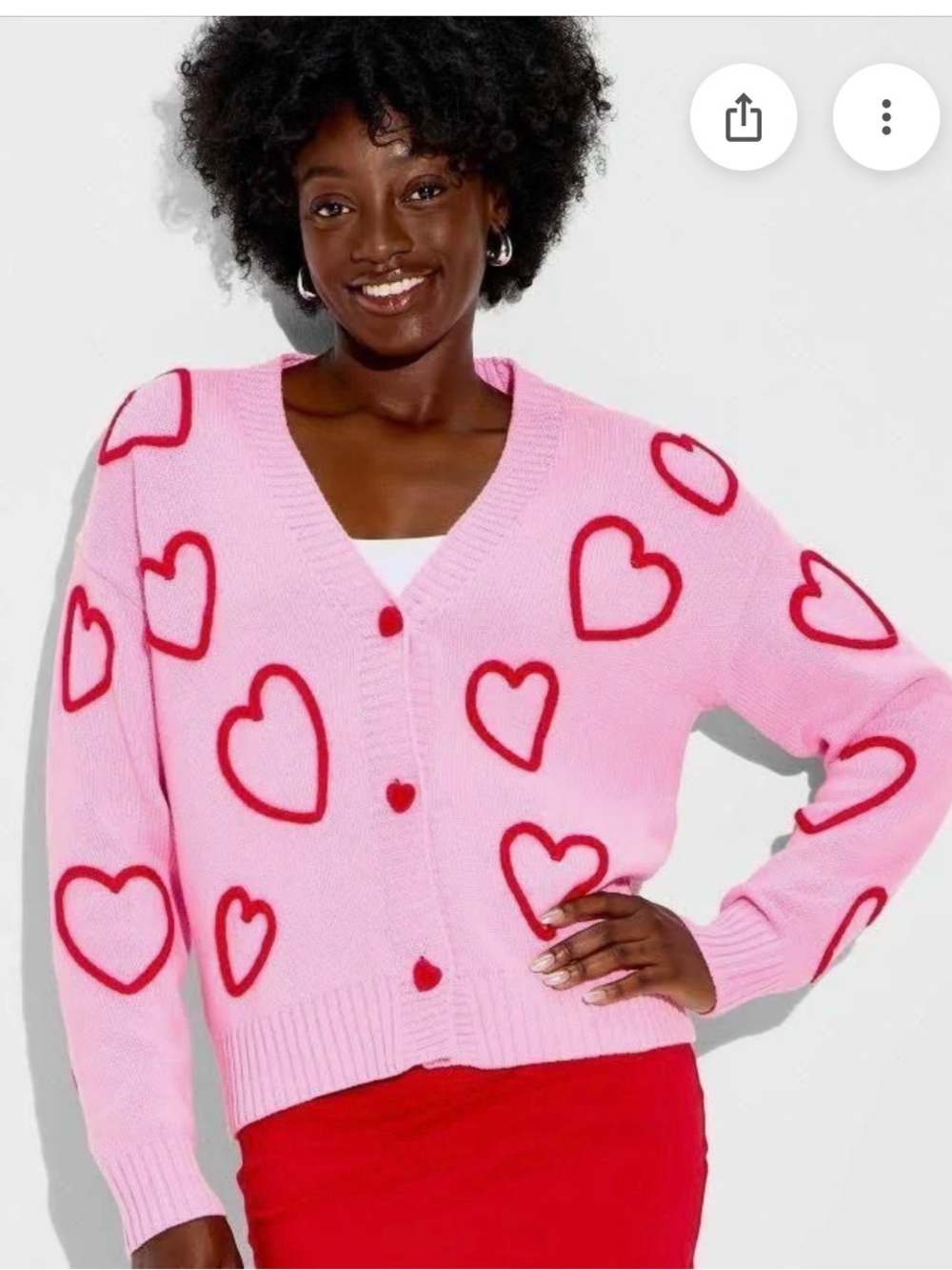 NWT Size XL Pink Heart-Print V-Neck Cardigan Sweater. Red velvet buttons!